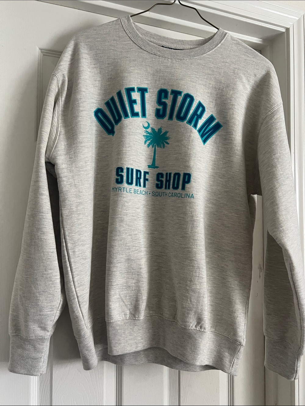 Quiet Storm Surf Shop Women's Gray Crew Sweatshirt with Teal Logo